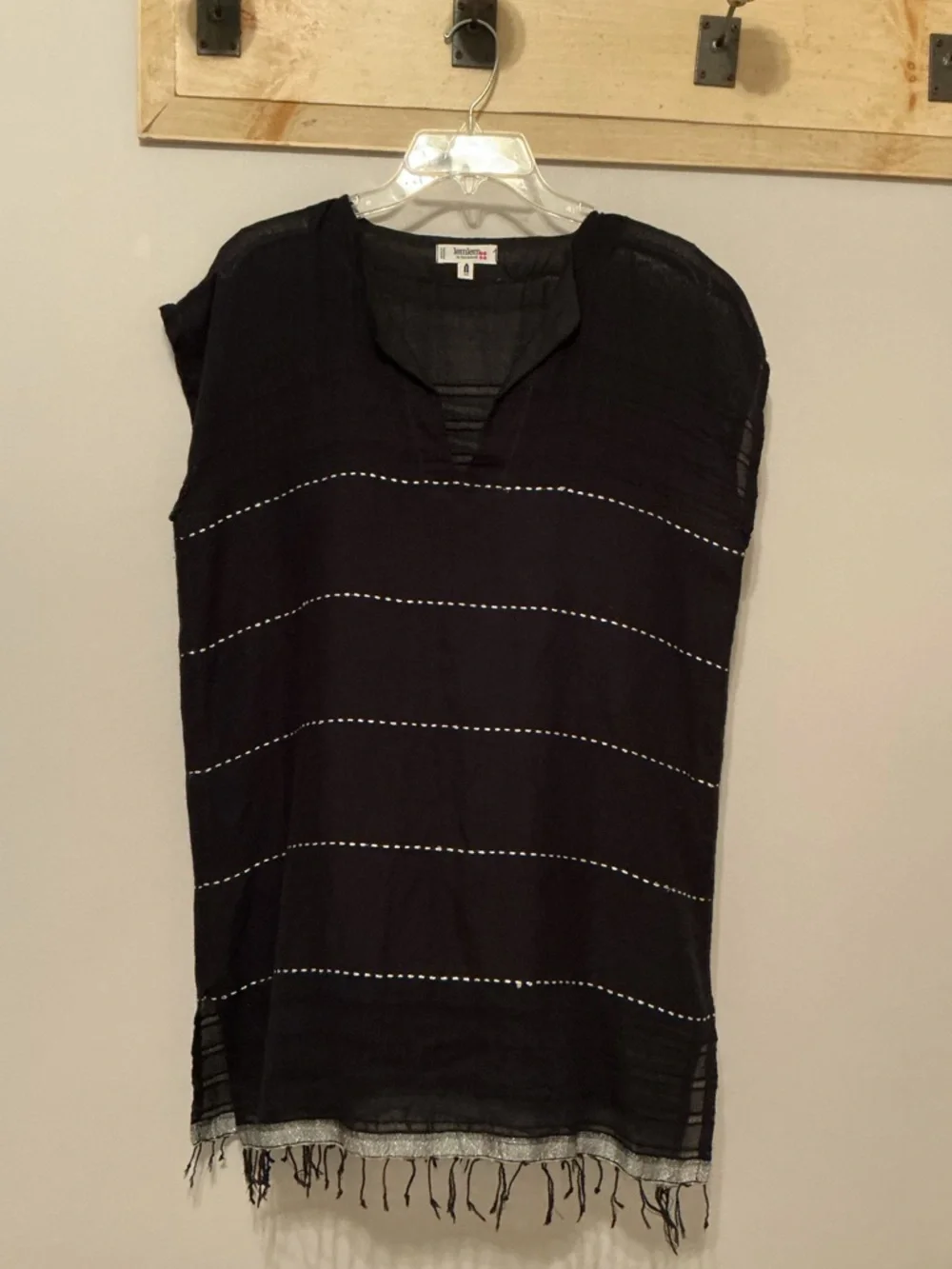 Lemlem Tikuri Tunic Swim Coverup Dress, Black, Silver Thread & Fringe Hem, Small - Picture 8 of 14